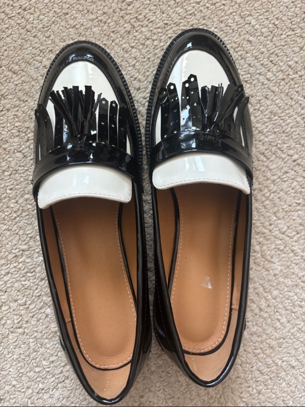Patent Black and White Tassel Loafers for Women